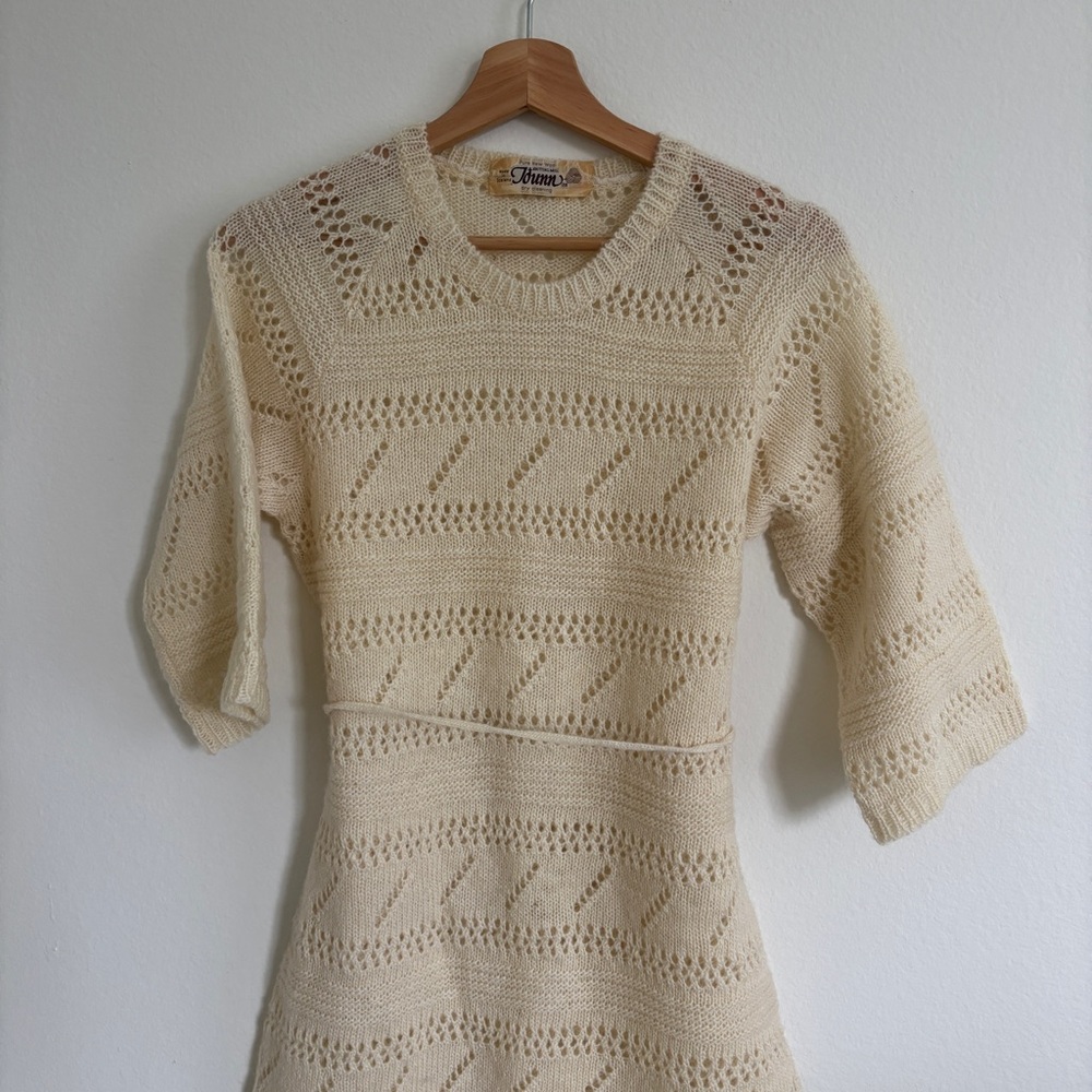 Vintage Icelandic 100% Wool Dress | White Cream Eyelet Pointelle Knit Lace